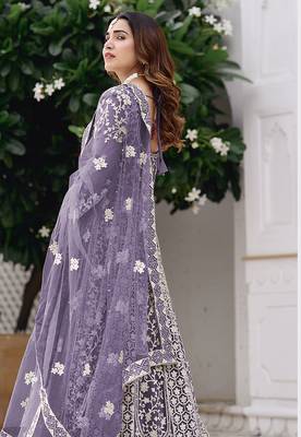 Lavender net embroidered readymade  gown 4