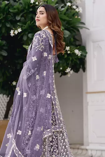 Lavender net embroidered readymade  gown