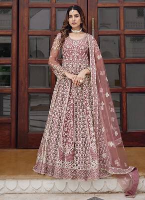 Pink net embroidered readymade  gown 1
