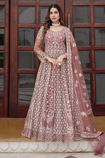 Pink net embroidered readymade trendy gown