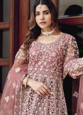 Pink net embroidered readymade  gown 2