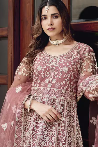 Pink net embroidered readymade  gown