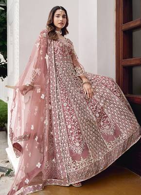 Pink net embroidered readymade  gown 3