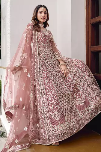 Pink net embroidered readymade  gown