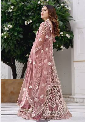 Pink net embroidered readymade  gown 4