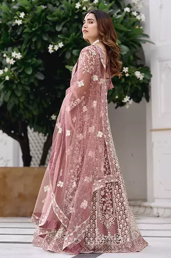 Pink net embroidered readymade  gown