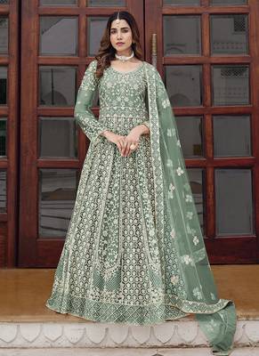 Light teal net embroidered readymade  gown 1