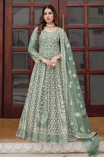 Light teal net embroidered readymade trendy gown