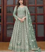 Light teal net embroidered readymade trendy gown