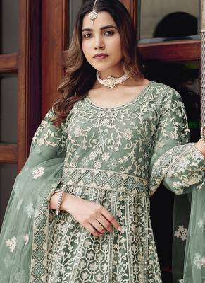 Light teal net embroidered readymade  gown 2