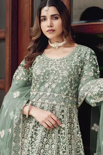 Light teal net embroidered readymade  gown