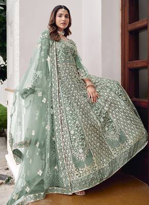 Light teal net embroidered readymade  gown 3