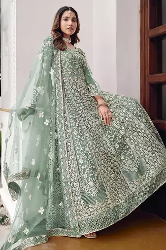 Light teal net embroidered readymade  gown