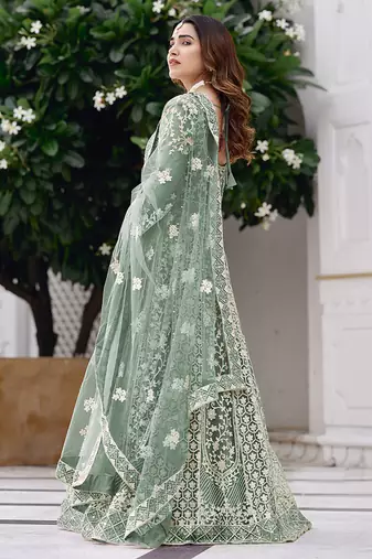 Light teal net embroidered readymade  gown