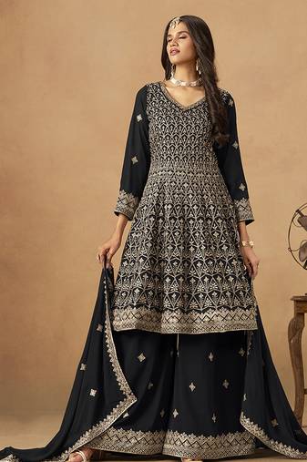 Black embroidered faux georgette trendy palazzo salwar kameez