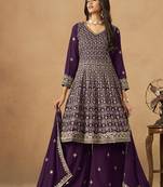 Purple embroidered faux georgette trendy palazzo salwar kameez