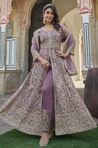 Lavender net slit style lehenga pant style anarkali suit