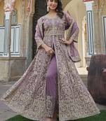Lavender net slit style lehenga pant style anarkali suit