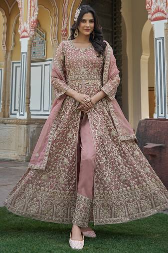 Light mauve net slit style lehenga pant style anarkali suit