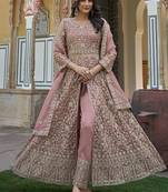 Light mauve net slit style lehenga pant style anarkali suit