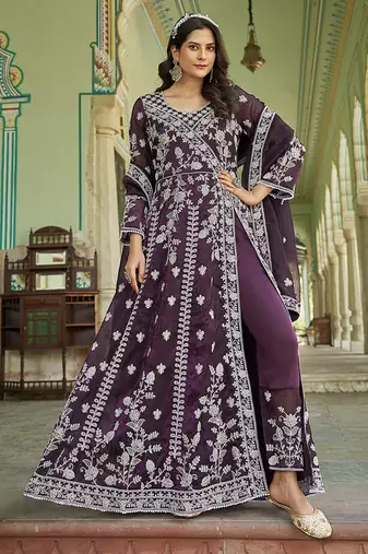 Purple net slit style lehenga pant style anarkali suit