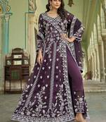 Purple net slit style lehenga pant style anarkali suit