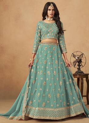 Embroidered Turquoise Organza Lehenga Choli 1