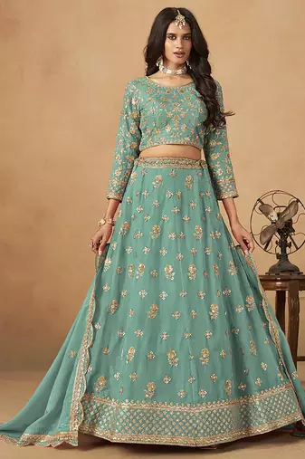 Embroidered Turquoise Organza Trendy Lehenga Choli