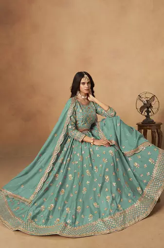 Embroidered Turquoise Organza Lehenga Choli