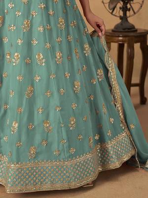 Embroidered Turquoise Organza Lehenga Choli 4