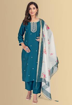 Blue color silk blend embroidred kurti pant dupatta 1