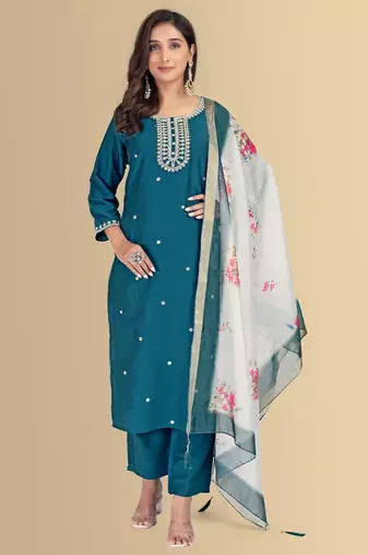 Blue color silk blend embroidred kurti pant dupatta