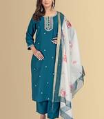Blue color silk blend embroidred kurti pant dupatta