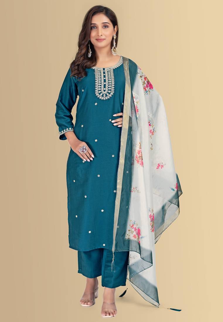Blue color silk blend embroidred kurti pant dupatta