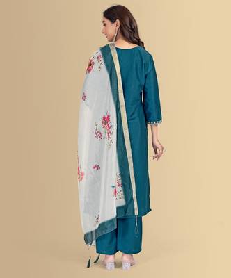 Blue color silk blend embroidred kurti pant dupatta 2