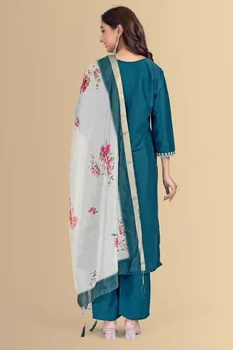 Blue color silk blend embroidred kurti pant dupatta