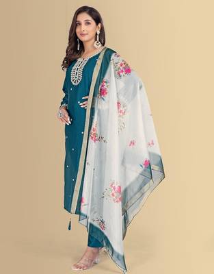 Blue color silk blend embroidred kurti pant dupatta 3