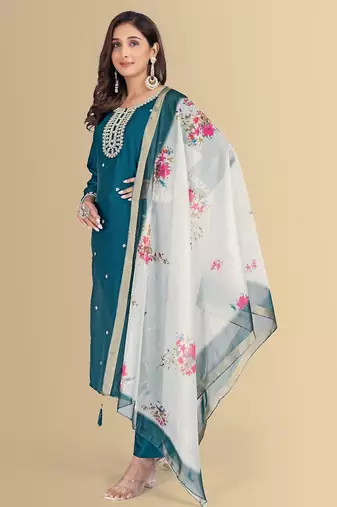 Blue color silk blend embroidred kurti pant dupatta