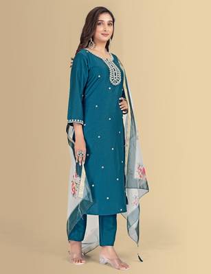Blue color silk blend embroidred kurti pant dupatta 4