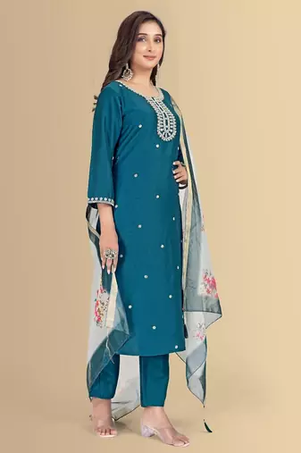 Blue color silk blend embroidred kurti pant dupatta