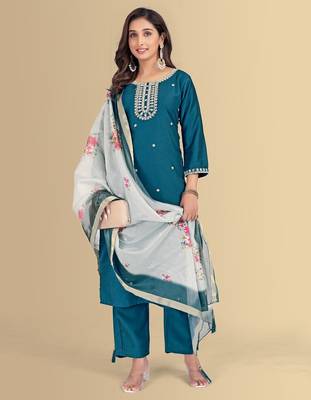 Blue color silk blend embroidred kurti pant dupatta 5
