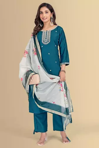 Blue color silk blend embroidred kurti pant dupatta