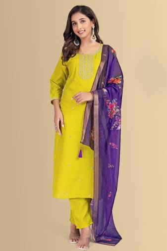 Lemon color silk blend embroidred kurti pant dupatta