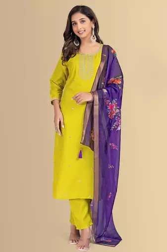 Lemon color silk blend embroidred kurti pant dupatta