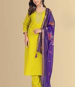 Lemon color silk blend embroidred kurti pant dupatta