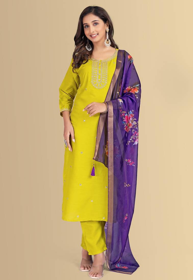 Lemon color silk blend embroidred kurti pant dupatta