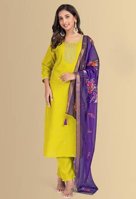 Lemon color silk blend embroidred kurti pant dupatta 2