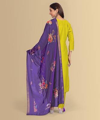 Lemon color silk blend embroidred kurti pant dupatta 3