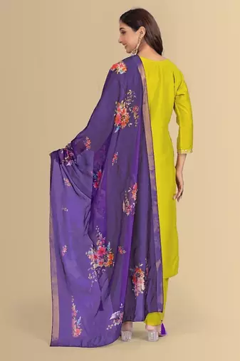 Lemon color silk blend embroidred kurti pant dupatta