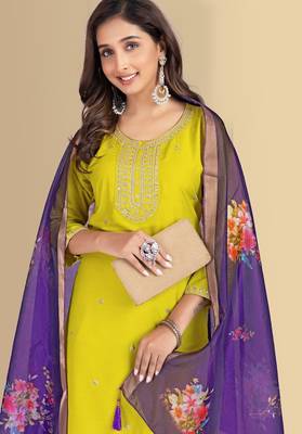 Lemon color silk blend embroidred kurti pant dupatta 4